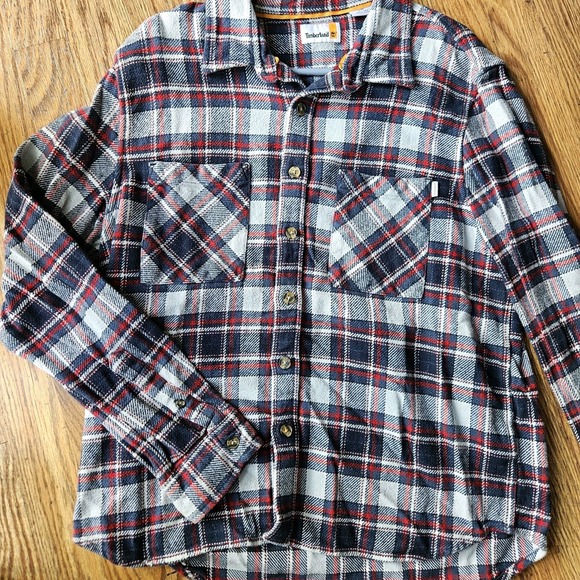 Timberland Women's Plaid Flannel Button Down Size Large 100% Cotton Red Blue - Picture 1 of 6